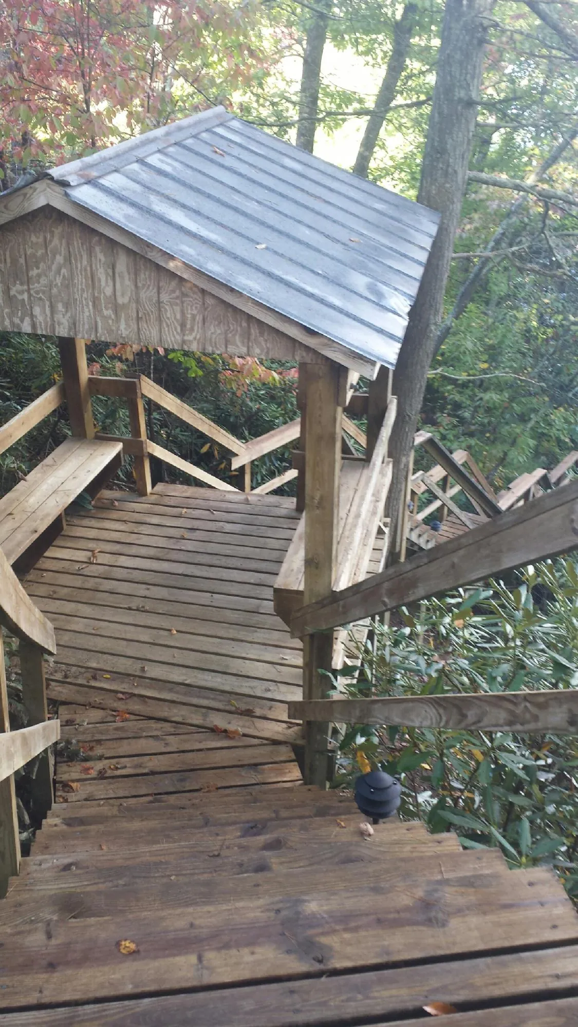 Metal roofed shelter over wooden steps on a wooded walkway — Skylight Repair & Installation work by our crew in North Chili
